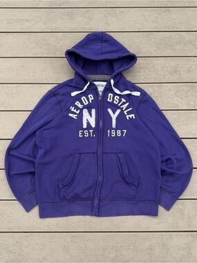 Y2K Aeropostale Hoodie Purple Retro Full Zip Sweater Vintage Mens XL Skater Punk